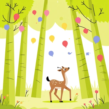 A whimsical forest filled with tall green trees that have vibrant, colorful balloons tied to their trunks and branches. The balloons are in various shapes and sizes, including round, star, and heart shapes, and are in bright colors like red, blue, yellow, and pink. Sunlight filters through the leaves, casting playful shadows on the forest floor, which is covered in soft green grass and scattered wildflowers. A curious deer stands in the foreground, looking up at the balloons with wide eyes, while small birds fly around, adding to the lively atmosphere.