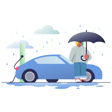 An electric car with a sleek design is parked at a charging station, rain visibly falling around it. The car is painted in a vibrant blue color, and the charging cable is plugged into the vehicle. Next to the car, a driver with medium skin tone is standing under a large black umbrella, trying to stay dry. The driver is wearing a light gray raincoat and blue jeans. Puddles are forming on the ground, reflecting the car and the umbrella above. In the background, gray clouds fill the sky, enhancing the rainy atmosphere.