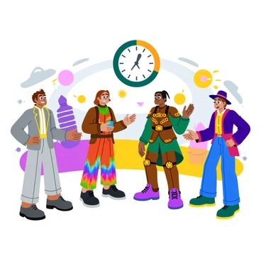 A diverse group of time travelers gathered in a vibrant setting, engaged in a lively discussion. The first time traveler wears a futuristic silver suit with glowing accents, while another sports Victorian-era clothing with intricate patterns. A third traveler is dressed in medieval armor, holding a small gadget in one hand. Nearby, a traveler from the 1960s, clad in colorful tie-dye and bell-bottoms, animatedly gestures as they speak. Above them, a large clock with multiple time zones displays various eras. In the background, elements like a steam-powered vehicle and a sleek spaceship hint at their respective time periods. The atmosphere is filled with energy and excitement as they exchange ideas.