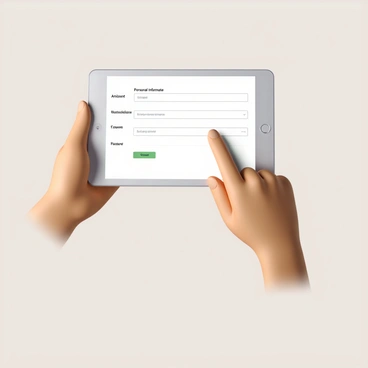 A hand with neatly manicured nails is holding a tablet device. The tablet screen displays an online loan application form with clearly labeled sections for personal information, loan amount, and terms. The background is a soft, neutral color, creating a professional atmosphere. The hand is positioned delicately on the screen, with a finger poised above a text box, ready to input information. Light reflects off the tablet's surface, highlighting the sleek design of the device.