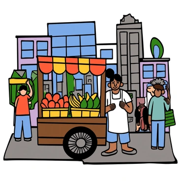 A street vendor's cart with baskets of fruits under a cityscape