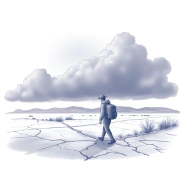 A lone figure is walking through a vast wasteland. The ground is cracked and uneven, with sparse vegetation dotting the landscape. The wanderer is dressed in rugged, weathered clothing, carrying a worn backpack. The overcast sky looms above, filled with dark, heavy clouds that suggest an impending storm. The overall atmosphere is one of solitude and desolation, with the horizon stretching endlessly in all directions.