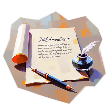 A detailed illustration of an ancient scroll unfurled, displaying the text of the "Fifth Amendment" in elegant calligraphy. The scroll has a textured, aged appearance with intricate borders and subtle discoloration to suggest wear over time. Resting beside the scroll is a traditional quill pen, with delicate feathers and a polished nib, positioned next to an inkwell filled with dark ink. The inkwell is made of glass and has a classic shape, reflecting light with soft highlights. The composition is arranged on a wooden surface, adding to the historical ambiance of the scene.