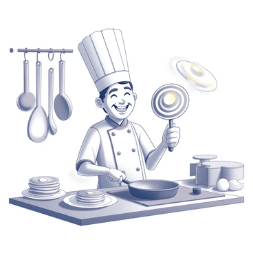 A cartoon chef wearing a tall hat is joyfully flipping pancakes in a kitchen. The chef has a big smile and is mid-action, with one hand holding a spatula while the other hand flips a golden pancake high into the air. The kitchen contains various utensils hanging on the wall and a stove with a frying pan on it. There are stacks of pancakes on a plate on the counter, and a few ingredients like eggs and flour are visible nearby.