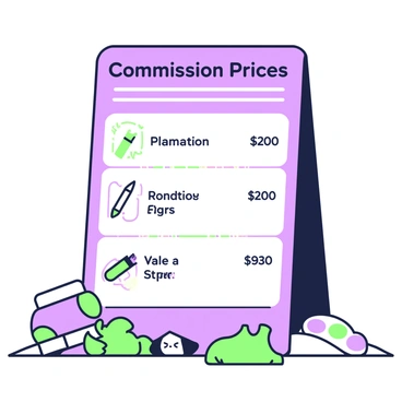 A sign is displayed prominently at an art fair, showcasing illustration commission prices. The sign is rectangular and features a green-and-purple outline. The top of the sign has the text “Commission Prices” in bold letters. Below this heading, there are three sections outlining the different types of commissions available. Each section includes pricing information, with a small illustration next to each type. The first section has a simple icon of a pencil, the second section features a paintbrush, and the third section shows a palette. The background of the sign is plain to enhance readability, and various art supplies are scattered around the base of the sign, adding visual interest.