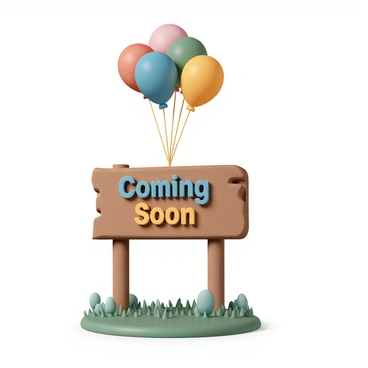 A wooden community park sign, featuring a smooth surface and rustic finish, prominently displays the words "Coming Soon" in bold, colorful letters. Surrounding the sign are a cluster of vibrant balloons in various colors, including red, blue, yellow, and green. The balloons are tied together and float gently above the sign, adding a festive touch. The background shows a grassy area and a few trees, indicating the park setting.