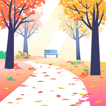A quiet path is leading through a park, covered in a thick layer of fallen autumn leaves in shades of orange, red, and yellow. The leaves are scattered across the path, creating a vibrant carpet. On either side of the path, tall trees with bare branches stand, their foliage having transformed into warm hues. Sunlight filters through the branches, casting dappled shadows on the ground. In the distance, a park bench is partially visible, surrounded by more leaves, inviting passersby to stop and appreciate the tranquil scene.