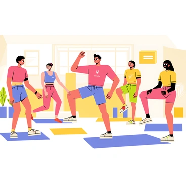 A group of five people performing high knees in a vibrant gym class. The participants are wearing colorful athletic wear, with each individual showcasing different colors like red, blue, and yellow. The gym is filled with bright lighting and motivational posters on the walls. The instructor stands at the front, demonstrating the exercise, while the others follow along energetically. Each participant has a determined expression, with some smiling as they engage in the workout. Mats and fitness equipment are scattered around the gym floor.