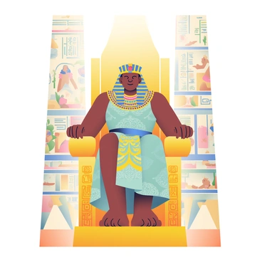 A majestic Egyptian pharaoh seated on a golden throne with hieroglyphics on the walls