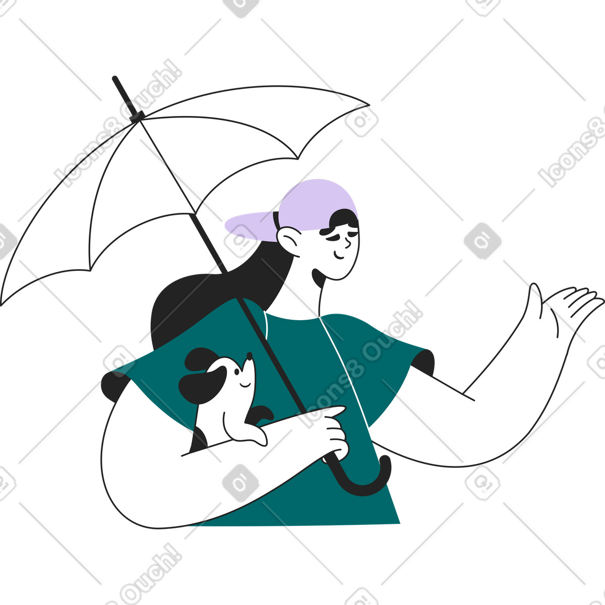 下载 Sammy Line 风格的 伞下带狗的女孩 插画，支持 PNG、SVG 格式