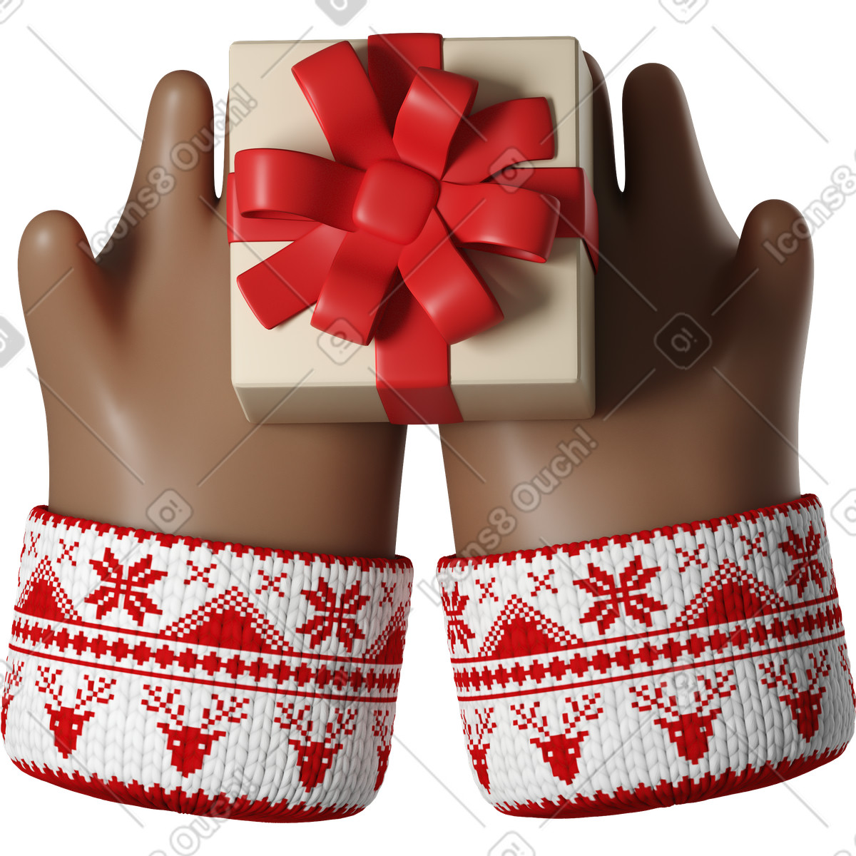 Illustration Mains de peau marron foncé en pull noël blanc tenant une boîte-cadeau dans le style 3D Hands Fun&Wild à télécharger aux formats PNG, SVG