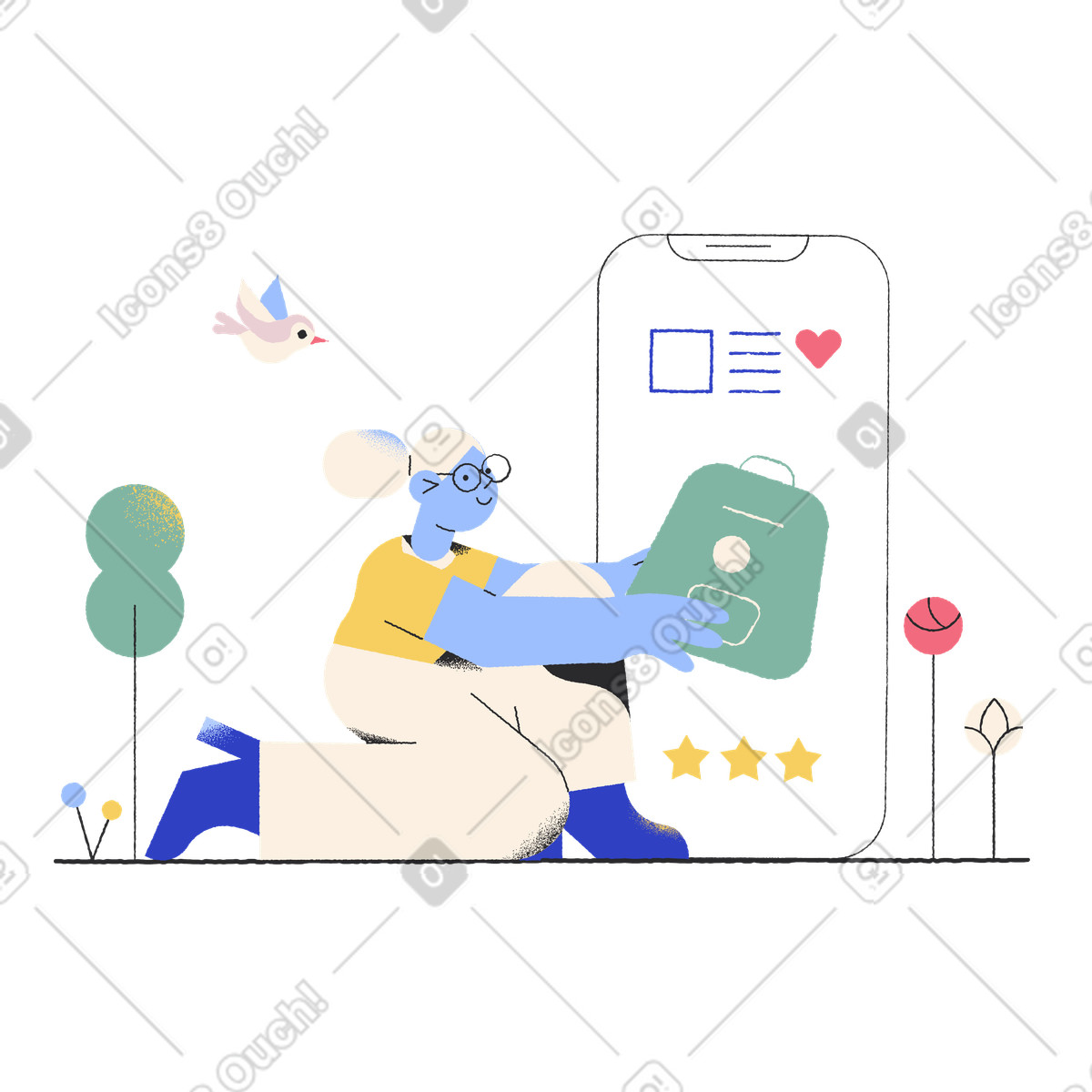 Pablo スタイルの スマートフォンでオンラインでバッグを購入する女性 のイラストをPNG、SVG形式でダウンロード