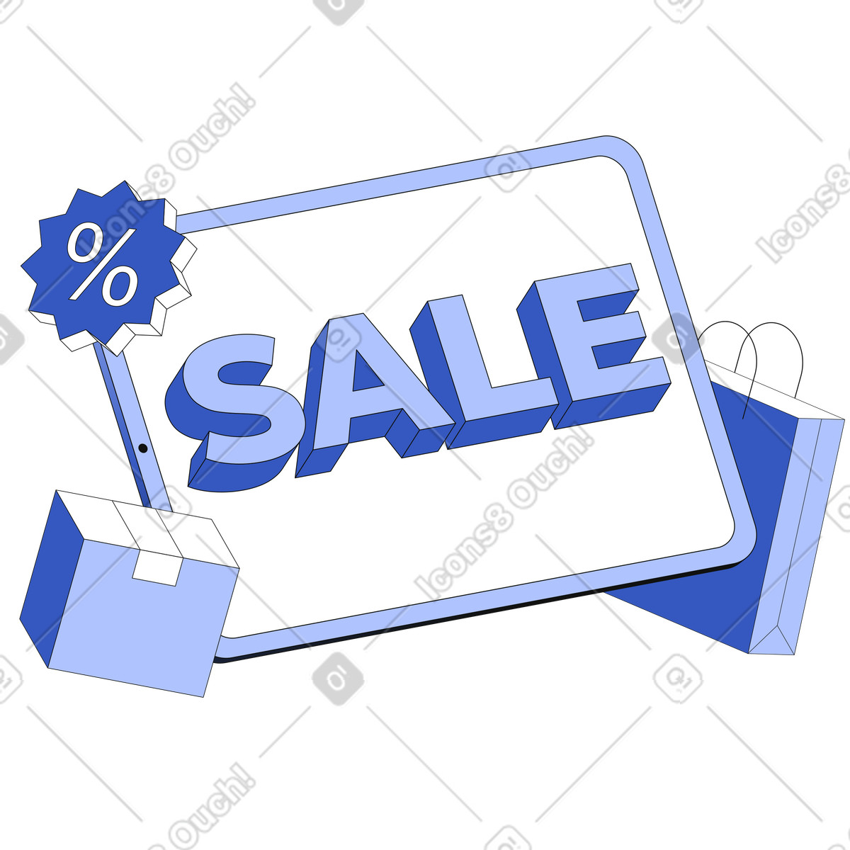 Tablet display with Sale and percent badge, E-commerce seasonal discount illustrazione in stile Techny scarica in PNG, SVG