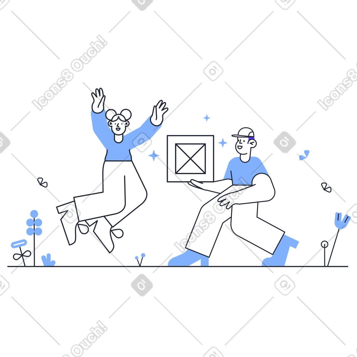 Kurier hat das paket geliefert und mädchen springt vor freude-Illustration im Pablita-Stil als Download in PNG, SVG