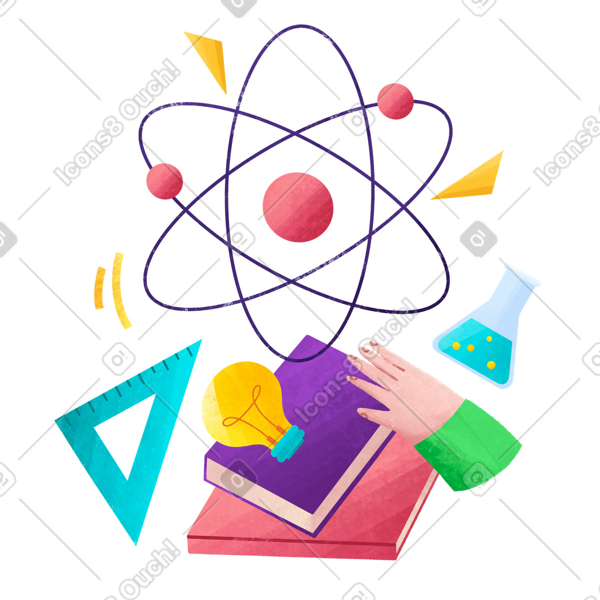 Atom model, books and flask, Science education learning-Illustration im Bonbon-Stil als Download in PNG, SVG