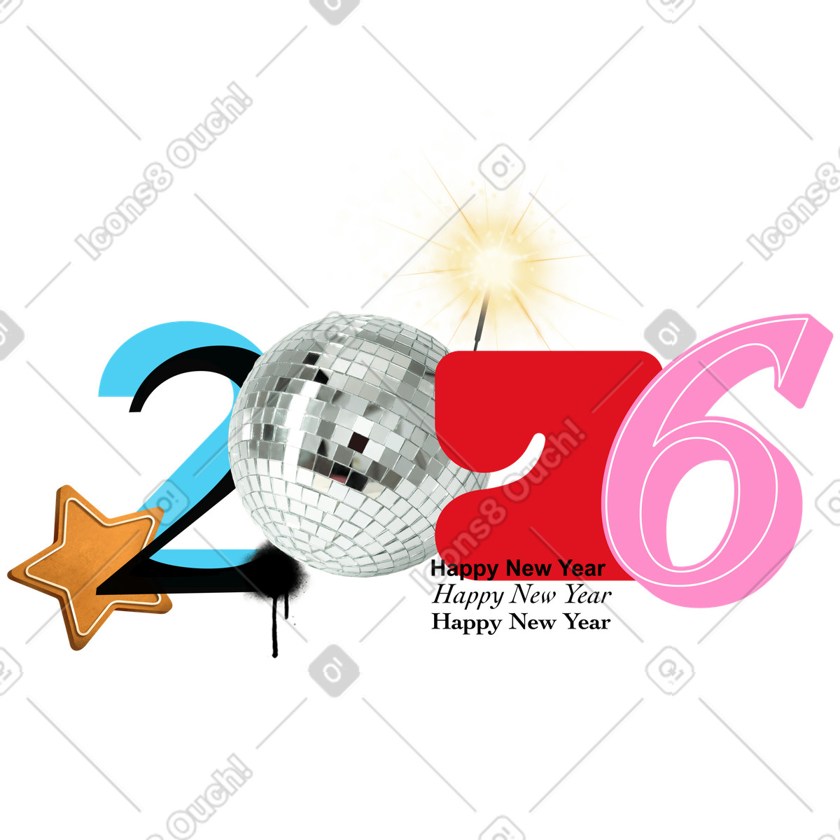 Jumble スタイルの 2026年の数字とミラーボール のイラストをPNG、SVG形式でダウンロード