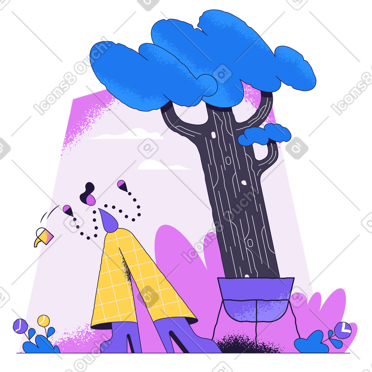 Mann überrascht von unerwartetem baumwachstum-Illustration im Conifer-Stil als Download in PNG, SVG