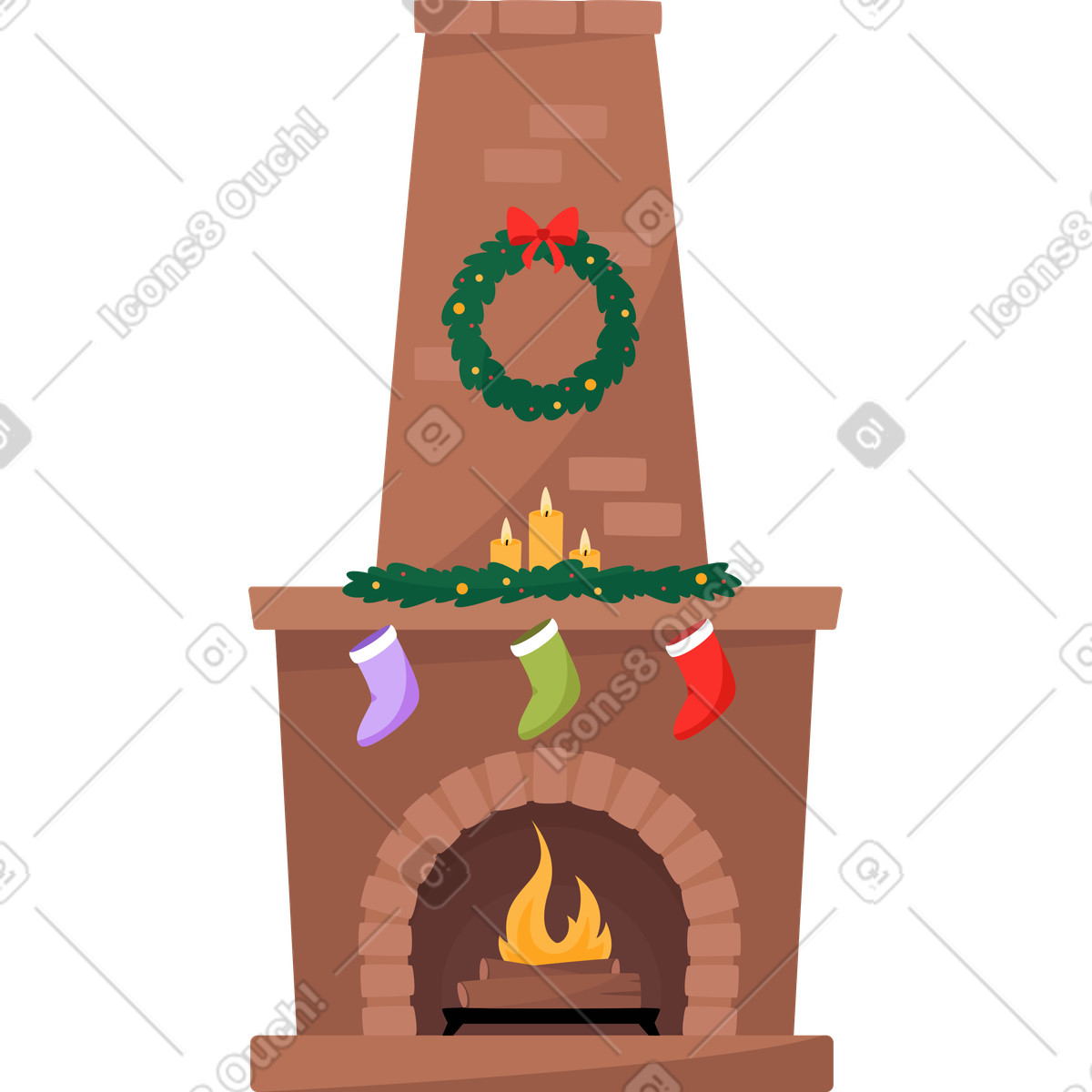 Ilustración Chimenea navideña con corona y medias en estilo Lagom a descargar en PNG SVG