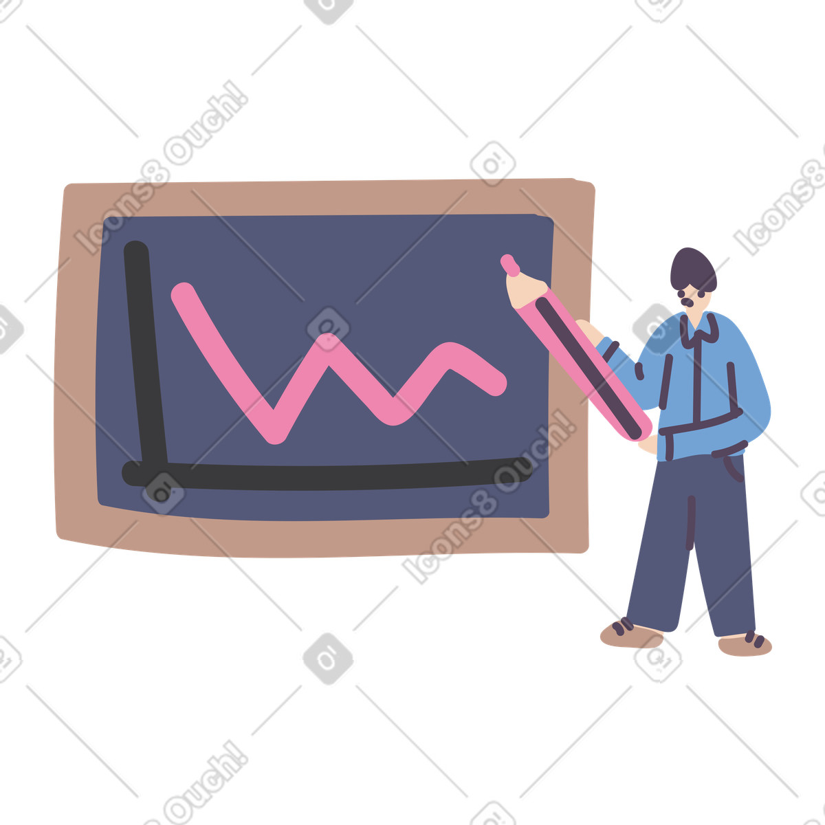 Man with pencil drawing a graph on blackboard illustration in Pluto style download in PNG, SVG
