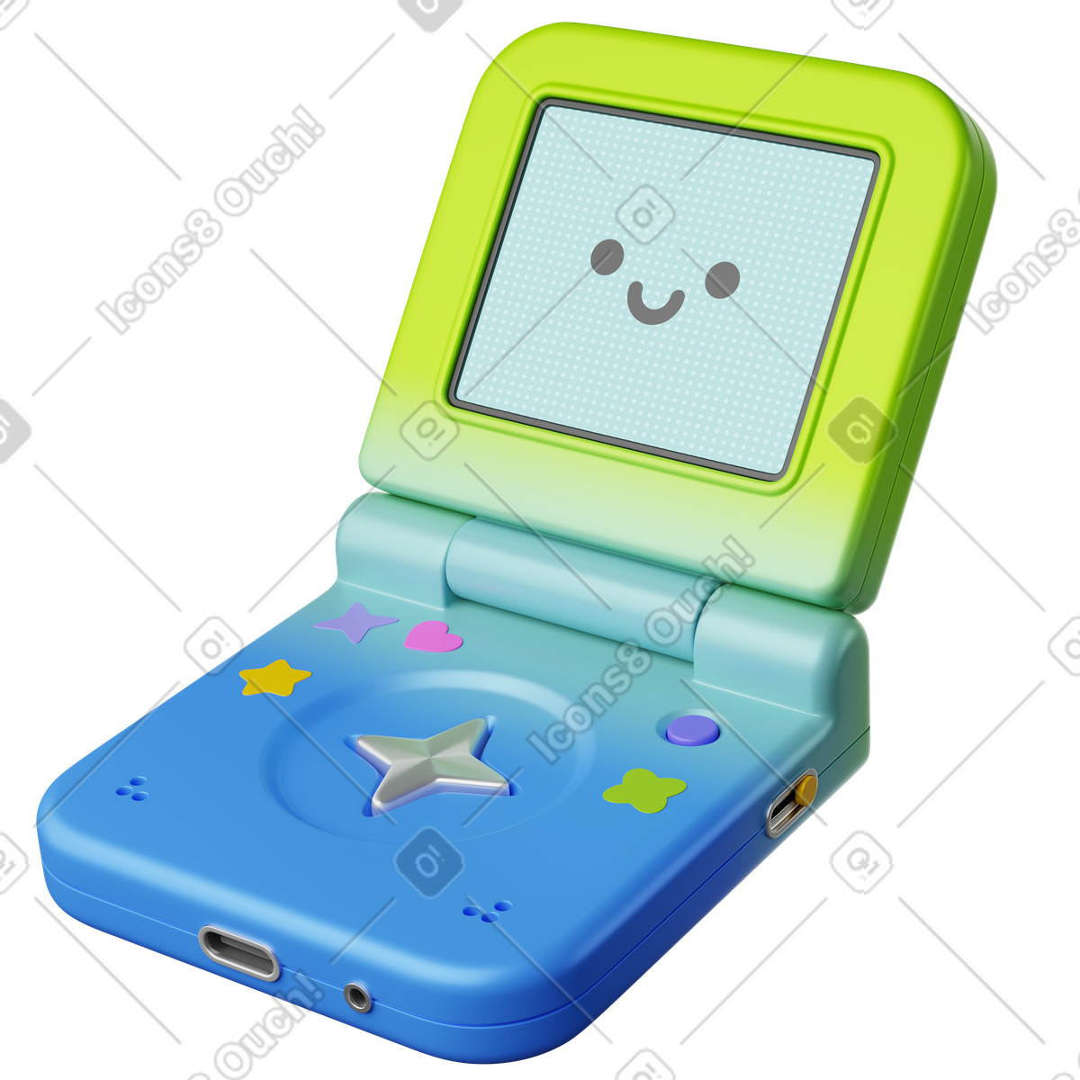 Compact game console with smiling face screen and star button illustrazione in stile 3D Plastic scarica in PNG, SVG
