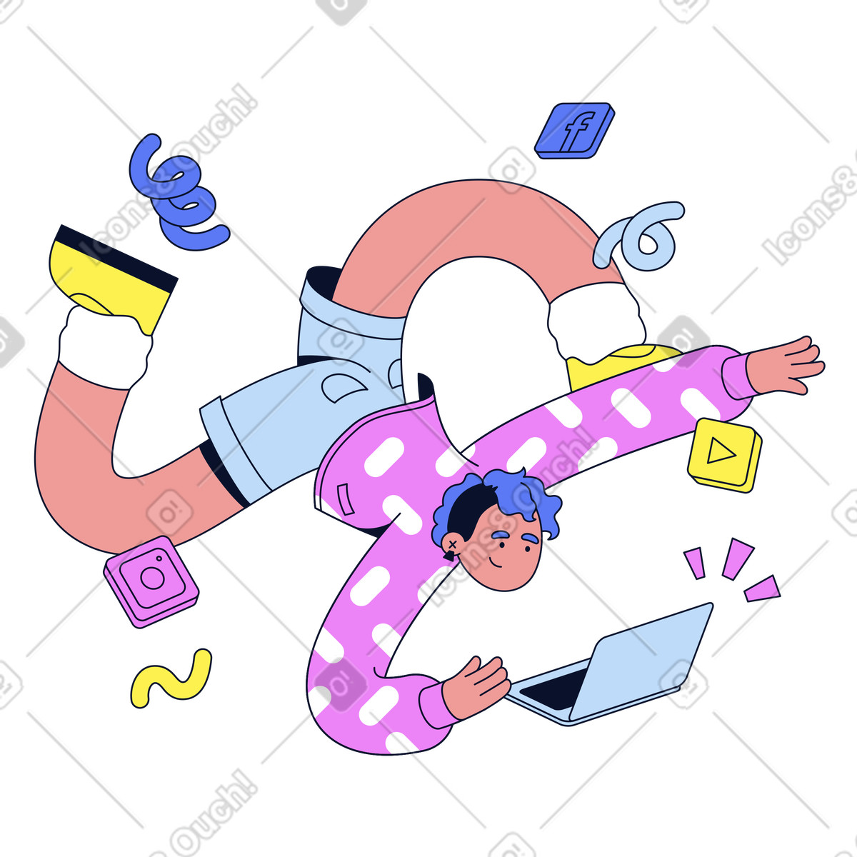 Surfing social media with laptop, digital lifestyle and online interaction illustrazione in stile Flexy scarica in PNG, SVG