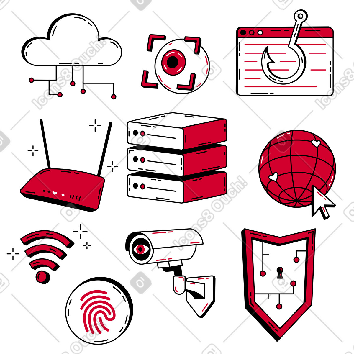 Internet technology and network security icon set, digital safety data defense illustration in Ruby style download in PNG, SVG