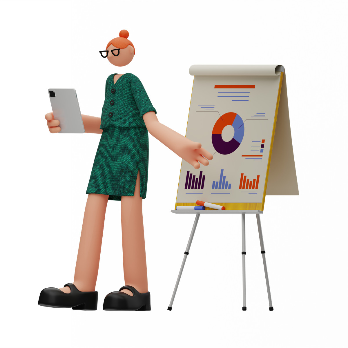 Ilustração animada de Mulher com flipchart e tablet apresentando infográficos em GIF, Lottie (JSON), AE