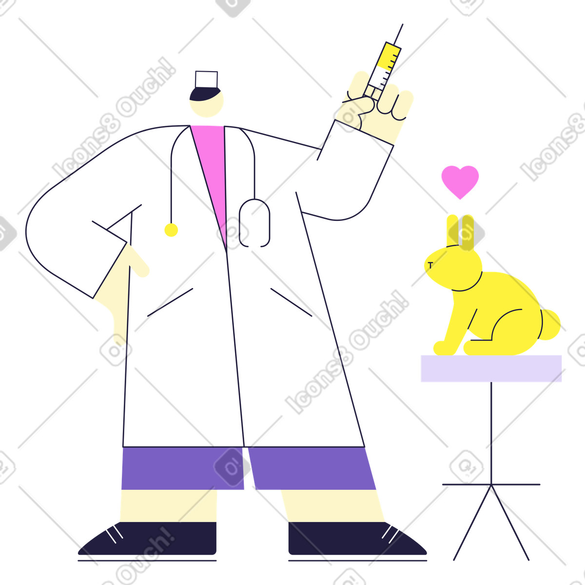 Illustration Vétérinaire sur le point de faire une injection à un lapin dans style Mellow télécharger aux formats PNG, SVG