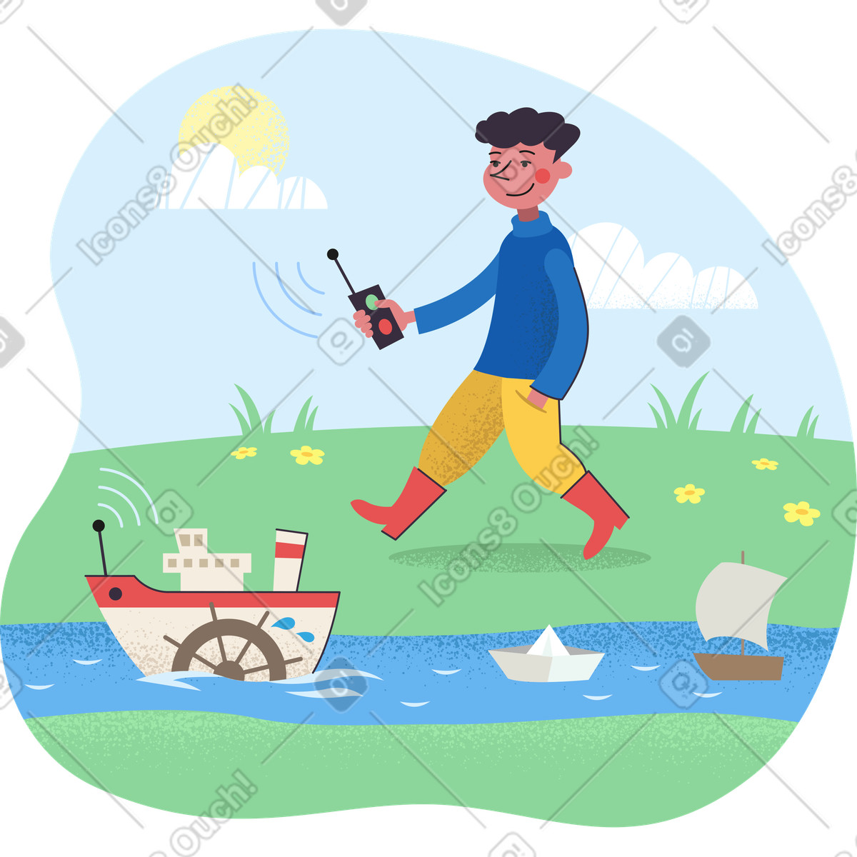 Little boy launching toy ships in a creek illustration Pale style download PNG, SVG
