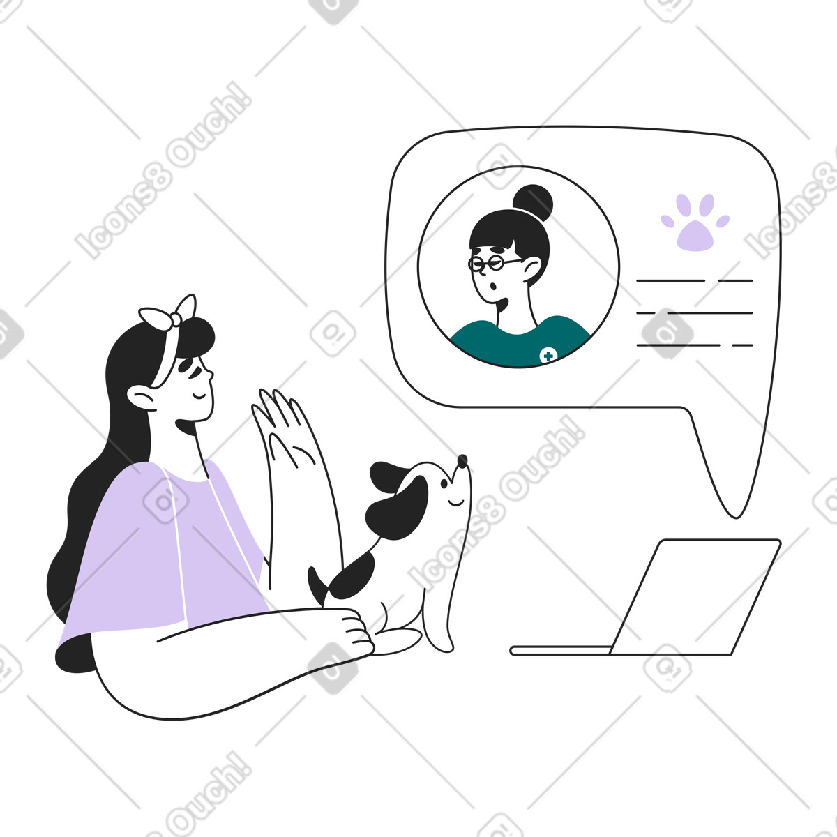 Illustration Une fille et son chien ont consultation en ligne avec un vétérinaire dans le style Sammy Line à télécharger aux formats PNG, SVG