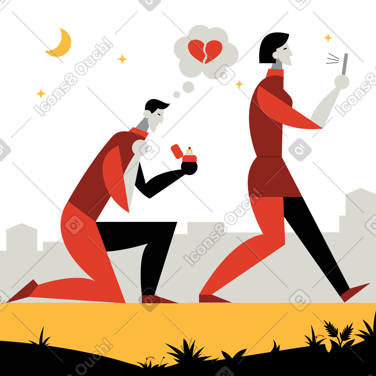 남자의 청혼을 무시하는 여자 illustration in Burgundy style download in PNG, SVG