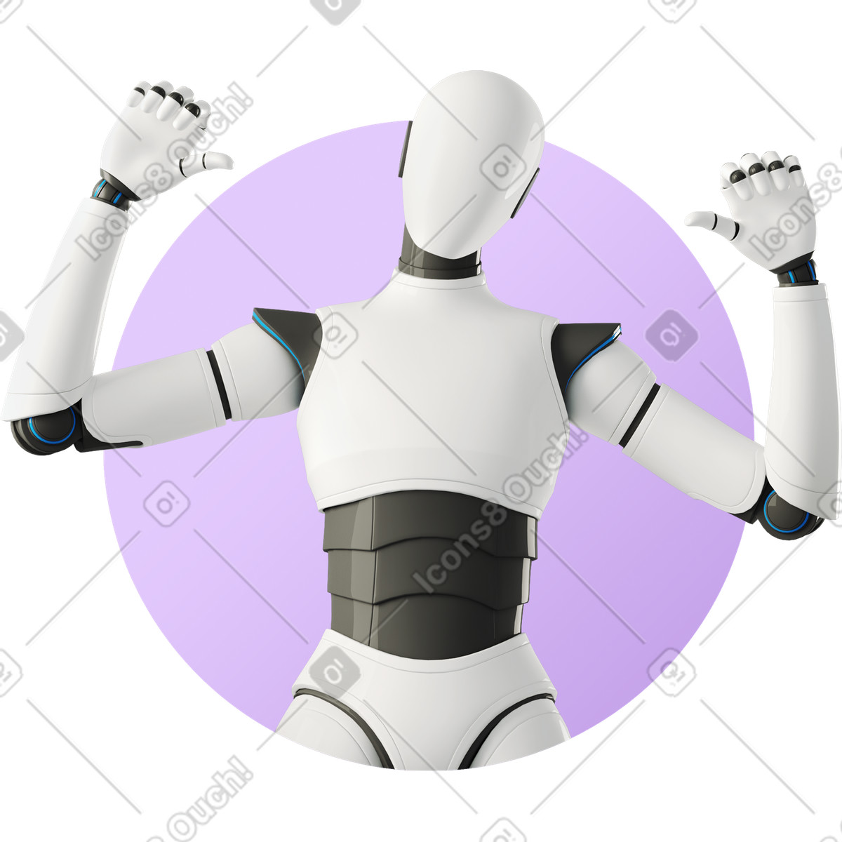 Robot humanoid raising arms with confident thumbs up gesture illustrazione in stile 3D Business scarica in PNG, SVG