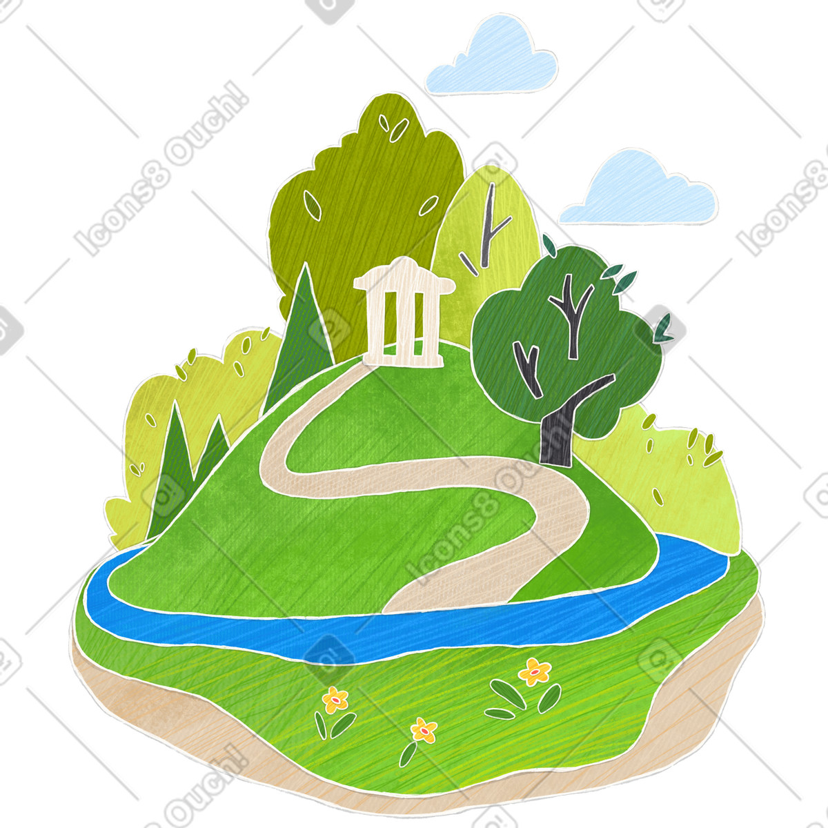Landscape of a summer park with trees and hill surrounded by water illustration in Crafty style download in PNG, SVG
