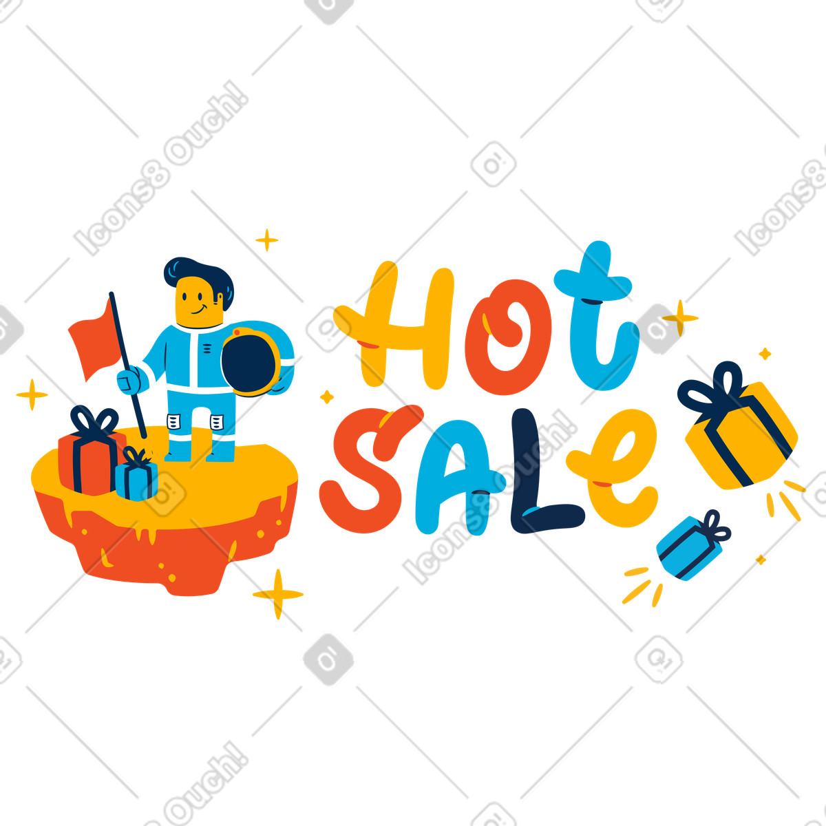 Ilustración Letras de venta caliente y astronauta. en estilo Flame a descargar en PNG SVG