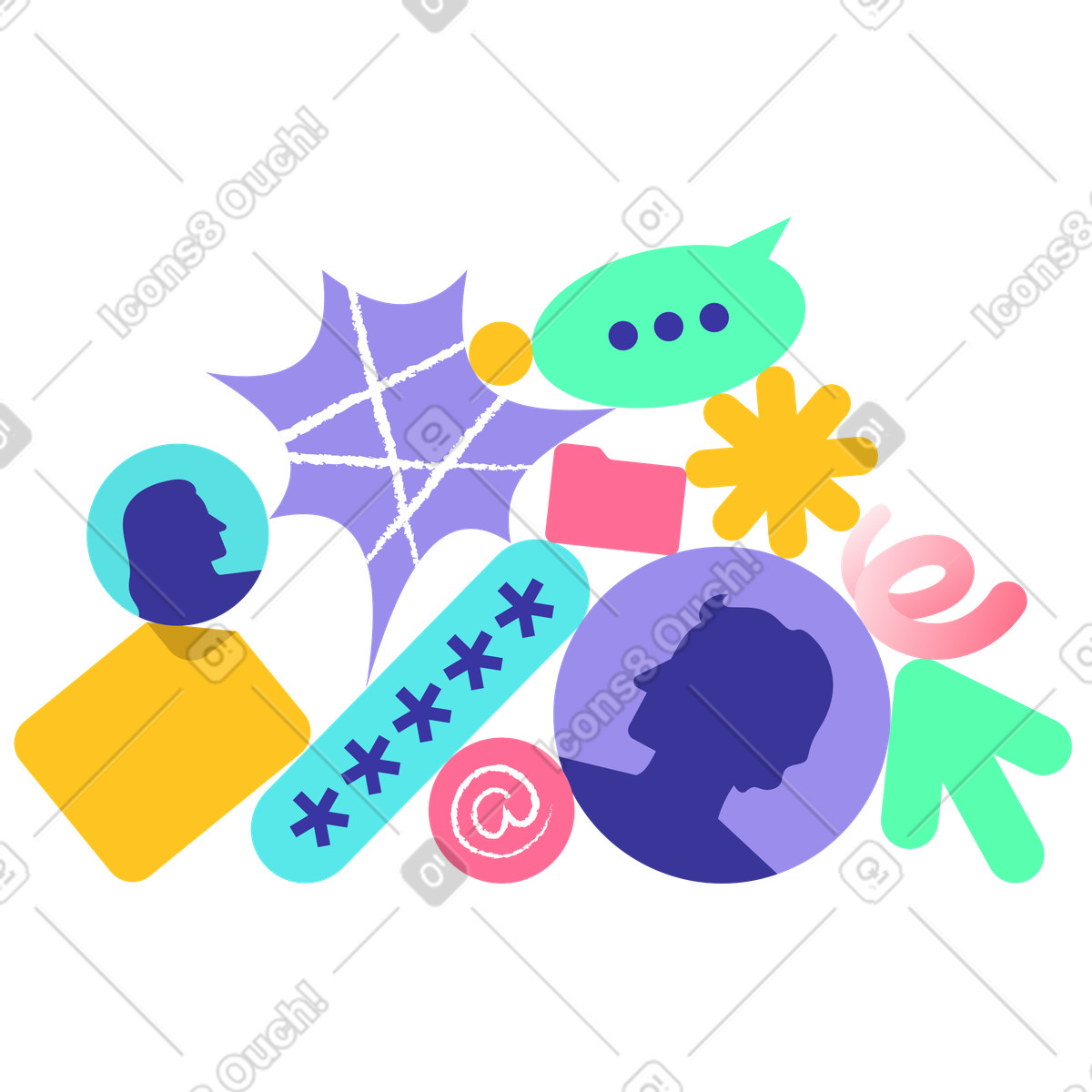 Ilustración Collage de iconos abstractos con imágenes perfil y contraseña, inicio sesión cuenta acceso a datos personales en estilo Bright descargar en PNG SVG