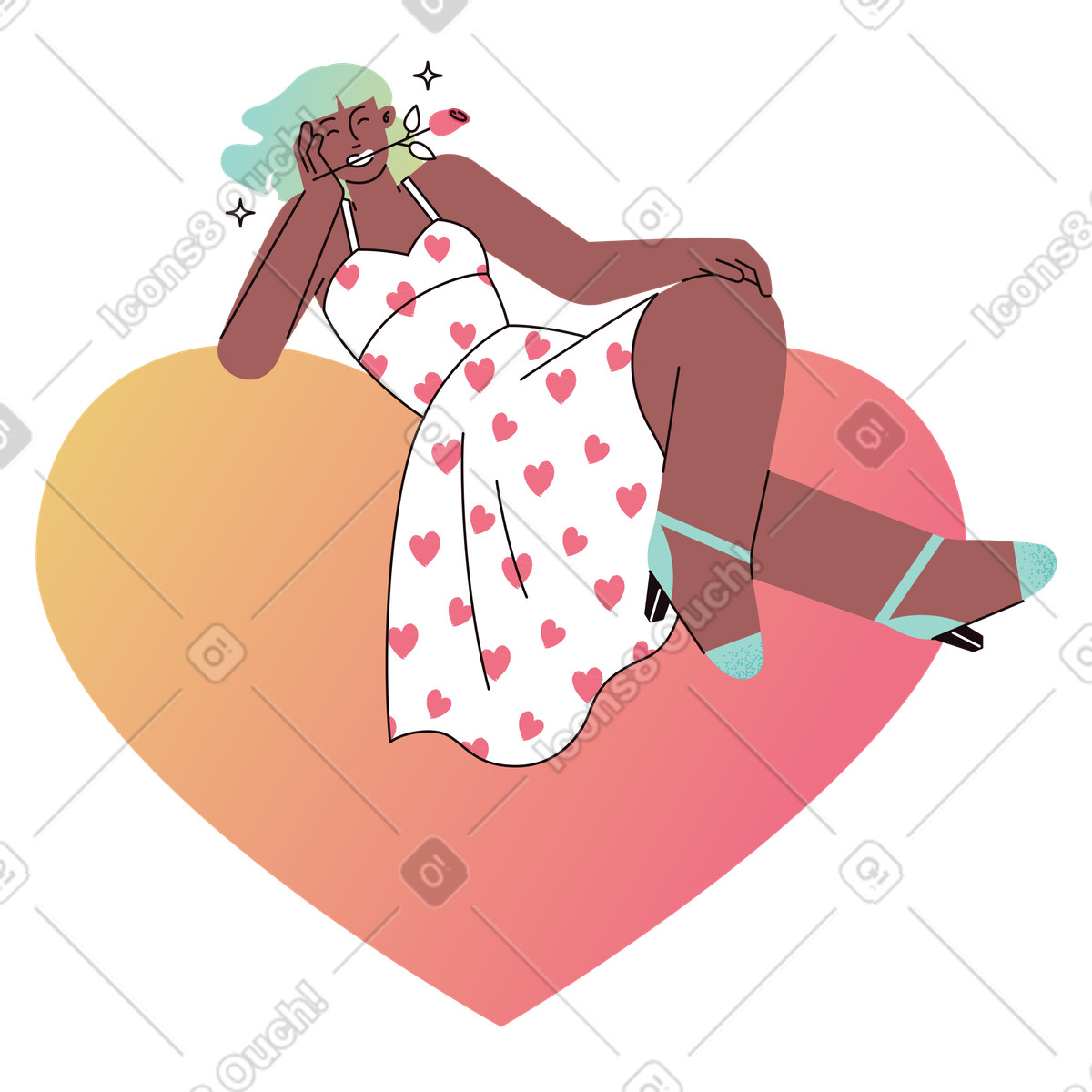 Person in heart print dress on giant heart, valentine's day card concept-Illustration im Delight-Stil als Download PNG, SVG