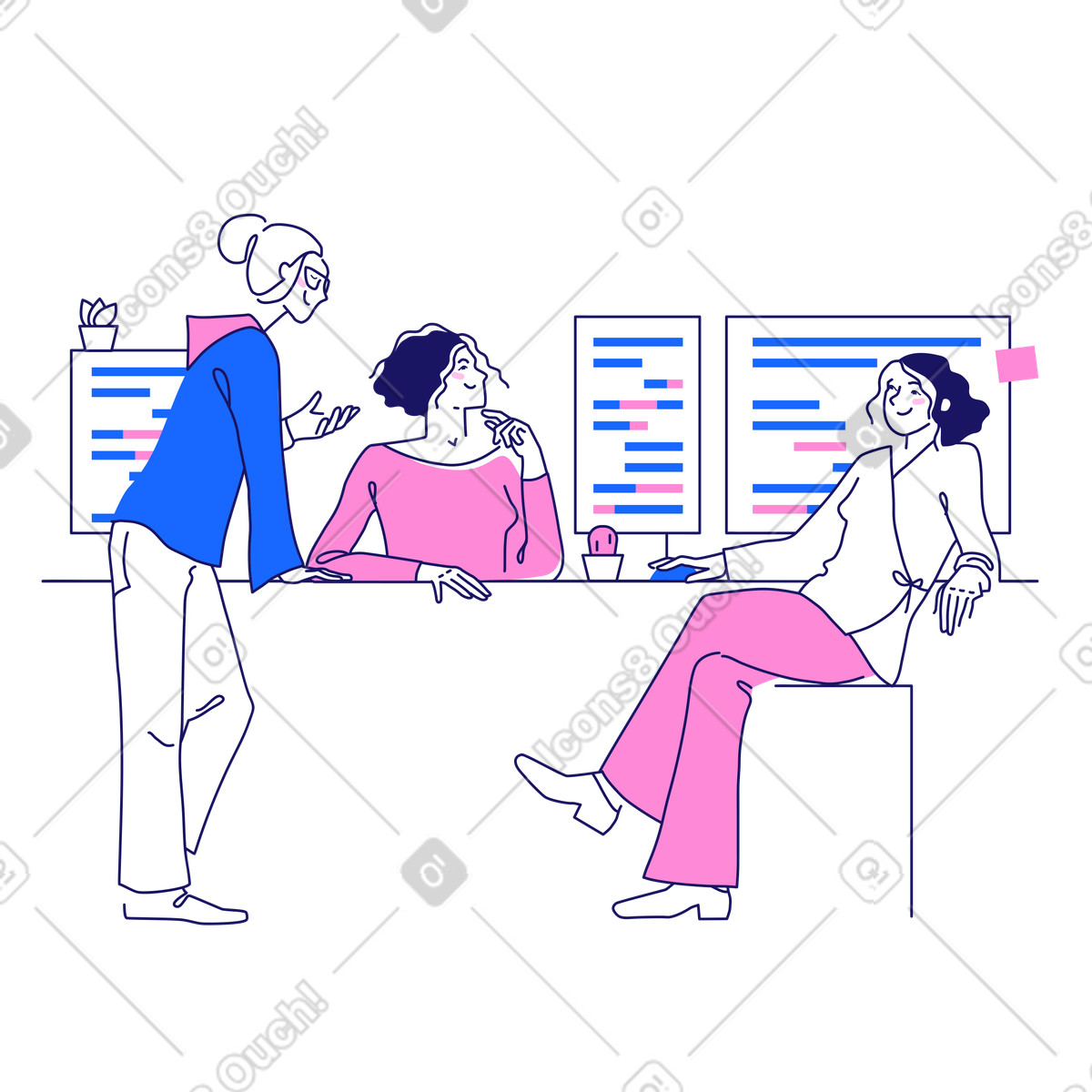 Illustration Codeuses féminines lors d'une séance de brainstorming dans le style Matey à télécharger aux formats PNG, SVG