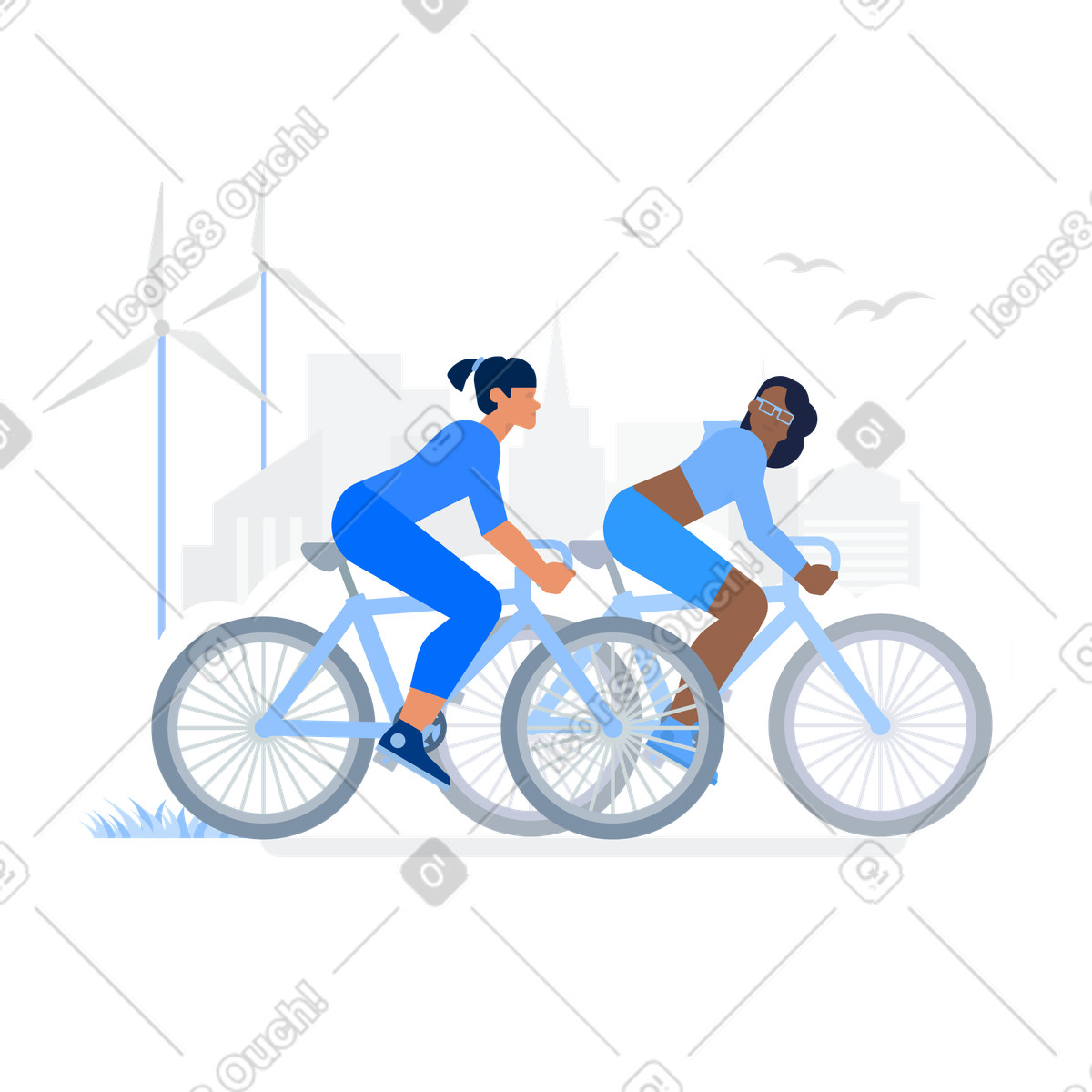 Urban スタイルの エコシティで自転車に乗る女性たち のイラストをPNG、SVG形式でダウンロード
