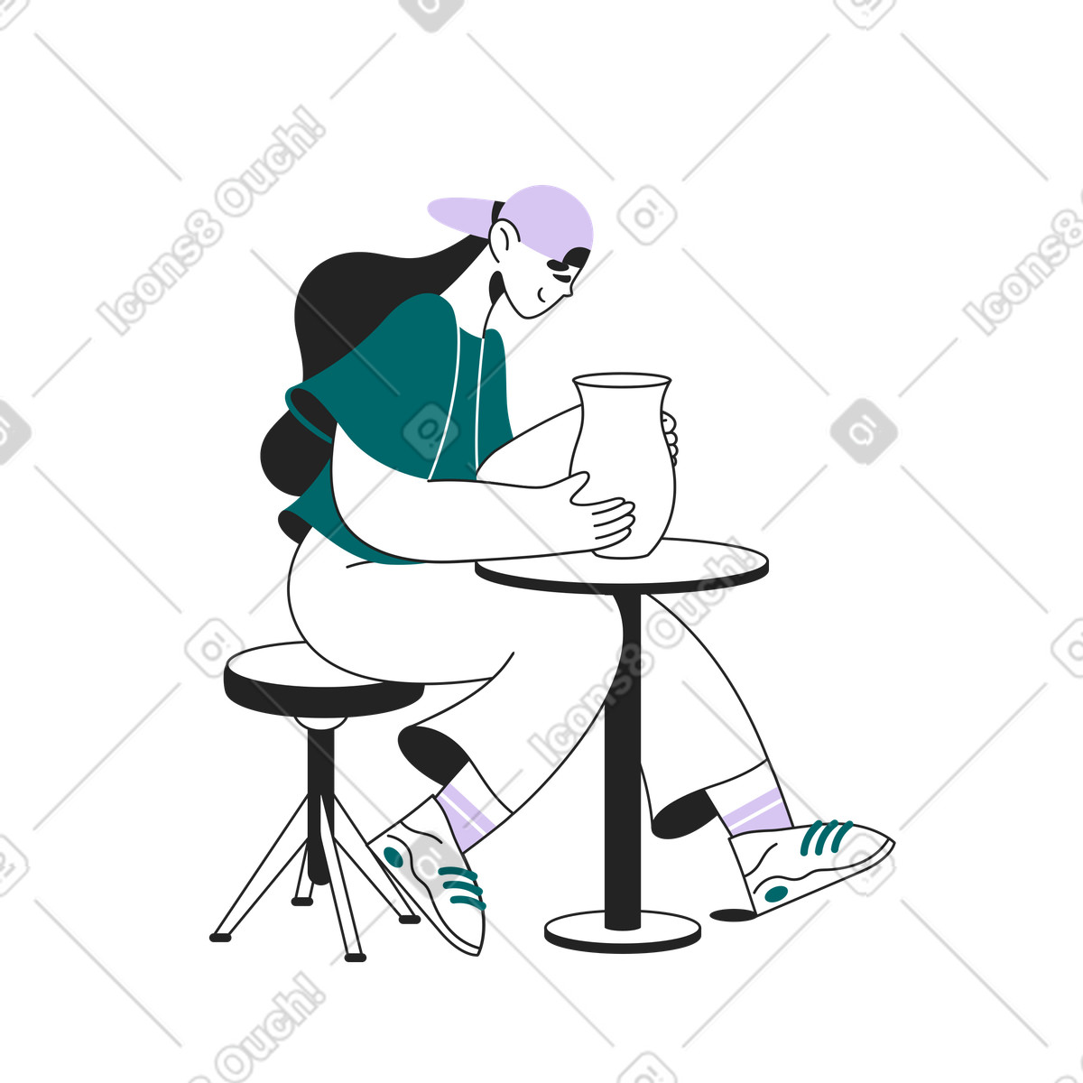 Illustration La fille moule une cruche d'argile dans le style Sammy Line à télécharger aux formats PNG, SVG