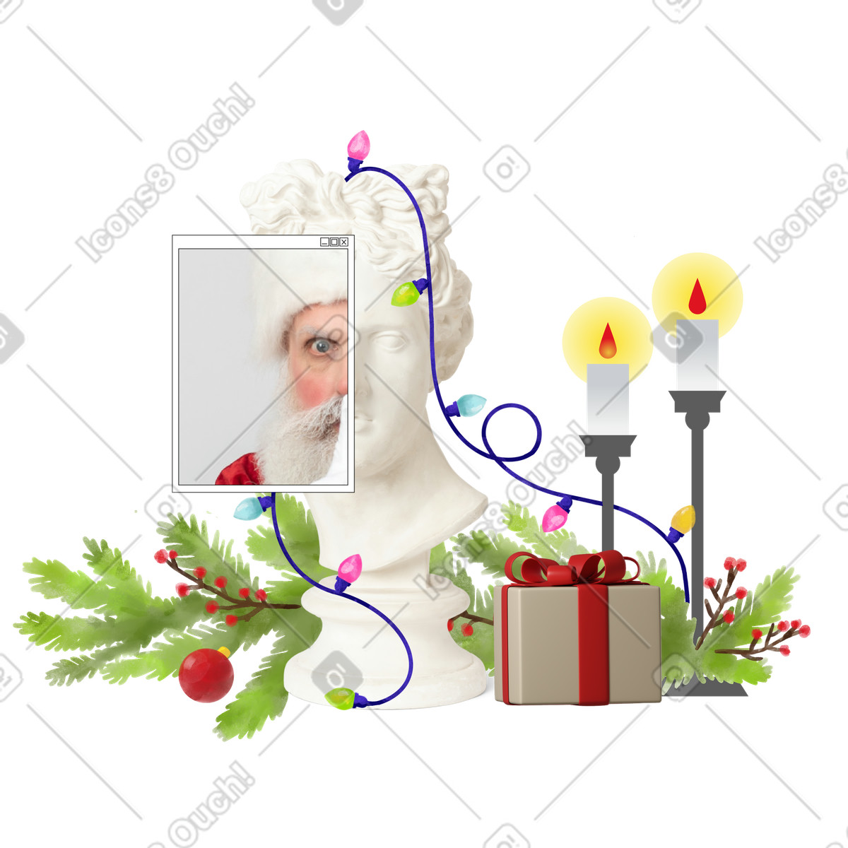 Christmas decorations and an antique male bust illustration in Jumble style download in PNG, SVG