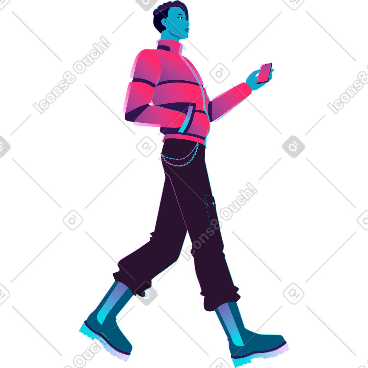 Ilustración Caminar joven con un teléfono en sus manos estilo Neon a descargar PNG y SVG
