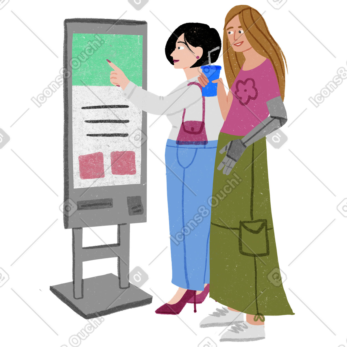 Two women interacting with information stand illustrazione in stile Public scarica in PNG, SVG