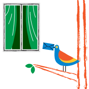 A colorful bird with a letter by a window - Rush style illustration