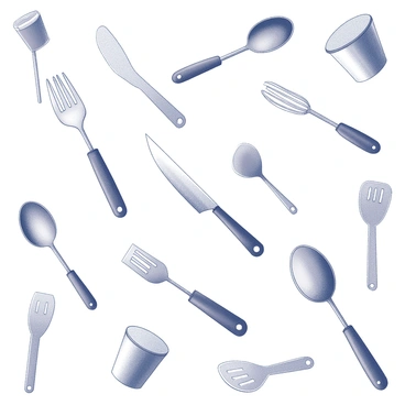 A seamless pattern design featuring a variety of illustrated kitchen utensils. The composition includes forks, knives, spoons, measuring cups, whisks, and spatulas arranged in a balanced way. Each utensil is drawn with clear outlines and intricate details, showcasing their unique shapes and features. The pattern is organized in a way that ensures a harmonious flow, with some utensils overlapping slightly to create a sense of depth. The overall arrangement conveys a lively kitchen theme, inviting the viewer into the cooking space.