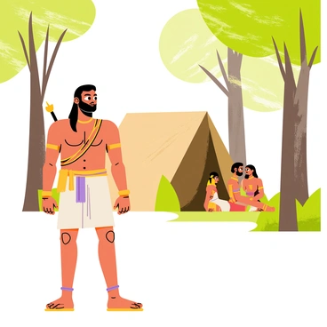 Lakshmana standing alertly with a focused expression, his stance poised and muscular. He is wearing traditional warrior attire, which includes a dhoti and a scarf tied around his waist. His long hair falls neatly behind him, and he has a quiver of arrows slung over one shoulder. In the background, there is a simple hut made of wood and leaves, nestled amidst tall trees with lush green foliage. Rama and Sita can be seen sitting peacefully by the entrance of the hut, surrounded by nature. A few rays of sunlight filter through the leaves, creating a tranquil atmosphere in the forest.