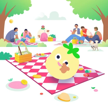 A small Pikmin with bright green leaves on its head is foraging for food scraps in a busy picnic area. It is carrying a tiny piece of bread in its arms, while scattered fruits and other leftovers are strewn across a checkered picnic blanket. In the background, groups of people are enjoying their meals, with colorful picnic baskets and colorful plates visible. A dog is sniffing around nearby, and a frisbee can be seen flying through the air. The scene is lively, with trees providing shade and a sunny sky above.