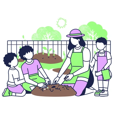 A teacher is kneeling in a school garden, showing children how to plant seeds. The teacher is wearing a green apron over a white shirt and has a sun hat on. Around her, three children, two girls and one boy, are eagerly participating. One girl has curly hair and is holding a small packet of seeds. The other girl has straight hair and is digging a small hole in the soil with her hands. The boy is holding a watering can, ready to water the newly planted seeds. In the background, there are rows of freshly turned soil ready for more planting, and a wooden fence surrounds the garden. Sunlight filters through the leaves of nearby trees.