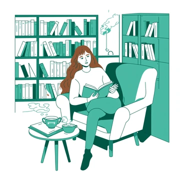 A teal French girl with long brown hair is sitting comfortably in a white armchair in a cozy library loft. She is wearing a soft white sweater and has a book open in her lap, partially obscured by her relaxed posture. Around her, there are numerous white bookshelves filled with various books, some stacked haphazardly while others are neatly arranged. A warm, inviting light illuminates the space, creating a peaceful atmosphere. A small white side table next to the chair holds a steaming cup of tea and a pair of reading glasses resting on an open book.