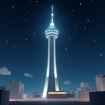 The "Dortmunder U" tower stands tall against the night sky, illuminated with bright lights that reflect off its modern architecture. The tower is surrounded by a clear, dark blue sky filled with "twinkling stars" that add a touch of magic to the scene. Below, the building is set amidst a bustling urban environment, with soft shadows cast by the surrounding structures. The overall ambiance conveys a serene night, inviting viewers to admire the beauty of the illuminated tower and the starry sky above.