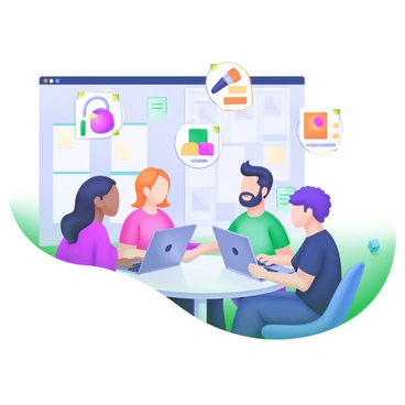 A modern pastel illustration depicting a team of developers engaged in discussion. In the center, a round table is surrounded by five individuals, each with laptops open in front of them. The individuals are diverse in appearance, with varying hairstyles and clothing styles. Above the table, floating above their heads, are colorful icons representing different features of the app, including a paintbrush, a color palette, a layer stack, and a user interface design. The background features a large board with sketches and notes pinned, outlining ideas for the app.